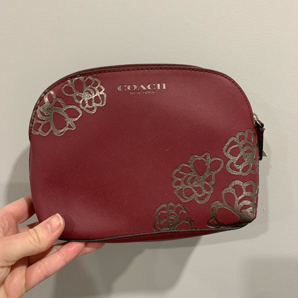 Coach Red and Silver Floral Cosmetic Bag